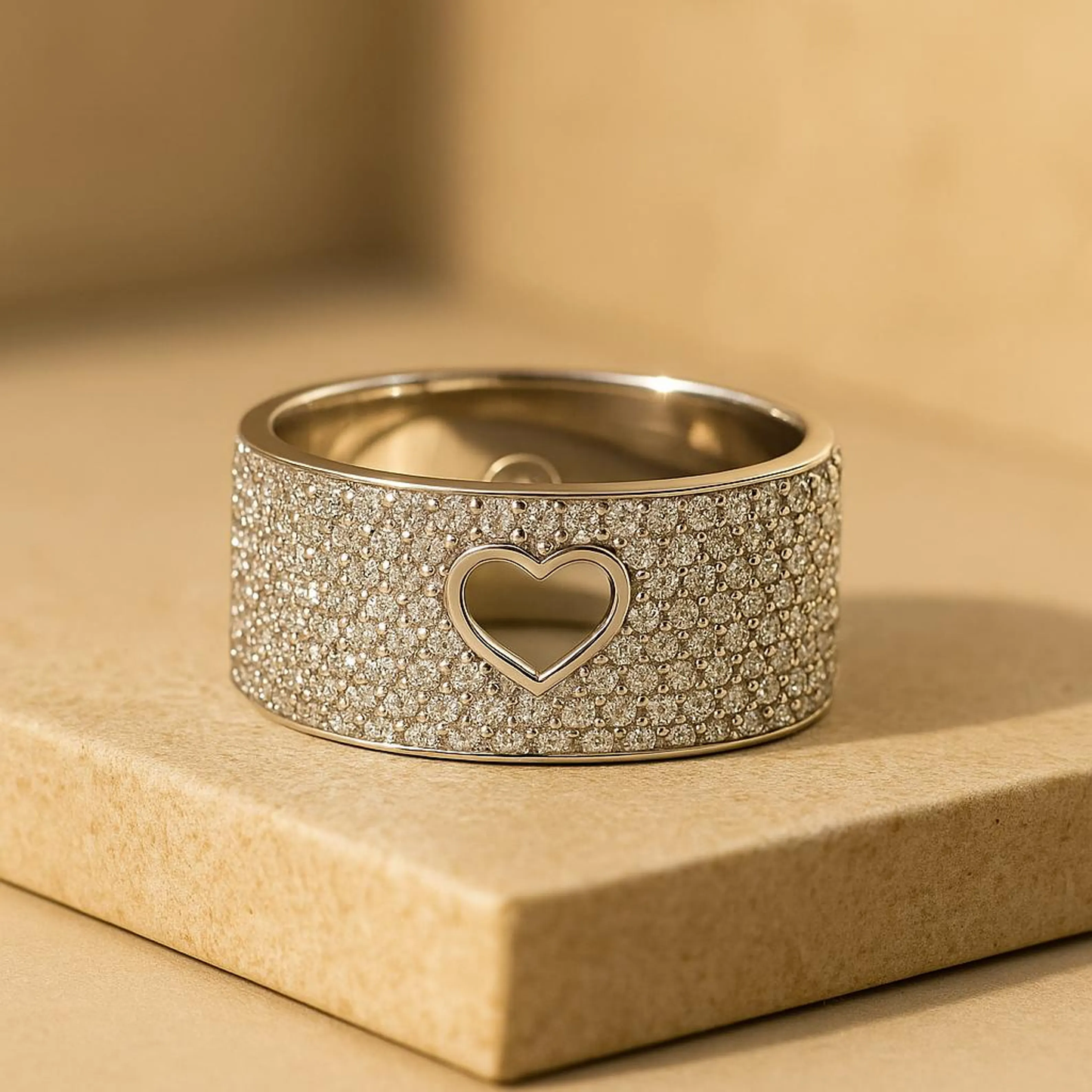 14K Solid Gold Open Heart Diamond Pave Ring