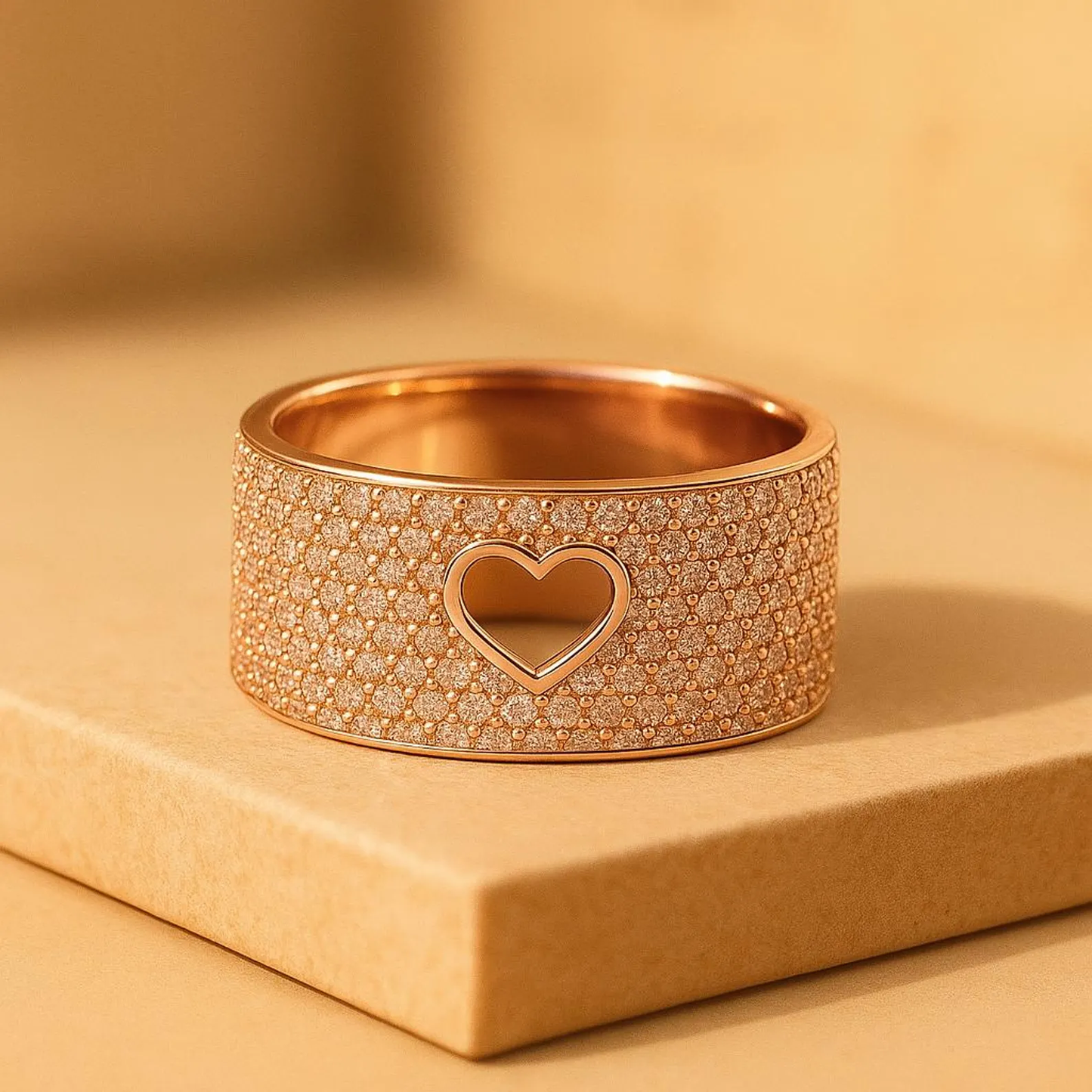 14K Solid Gold Open Heart Diamond Pave Ring