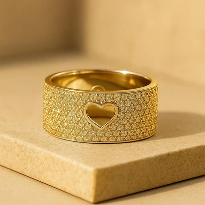 14K Solid Gold Open Heart Diamond Pave Ring