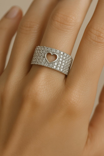 14K Solid Gold Open Heart Diamond Pave Ring