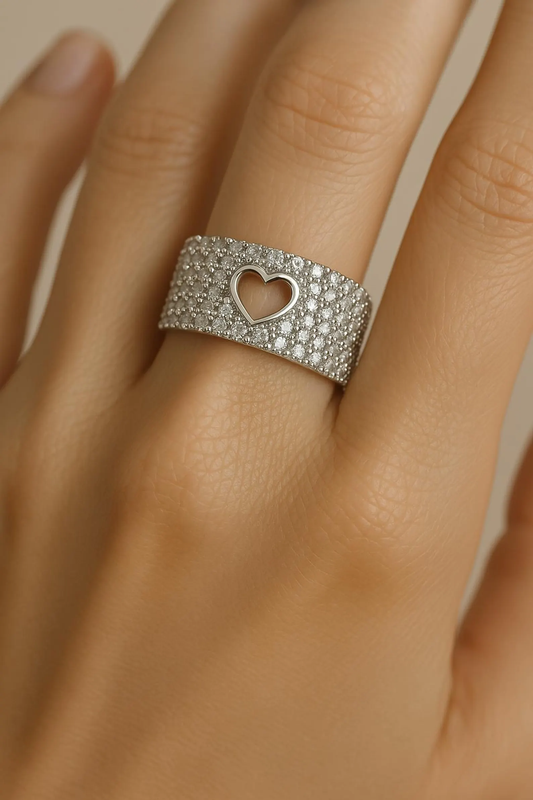 14K Solid Gold Open Heart Diamond Pave Ring