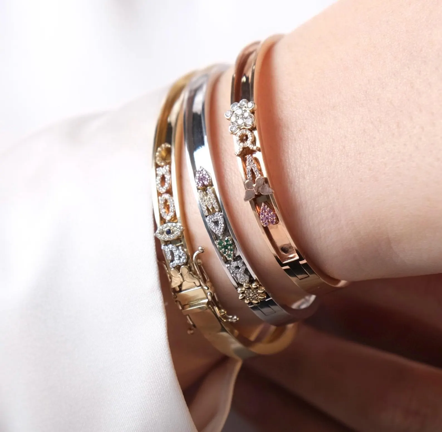 Personalized Moving Names Bangle, 14K Solid Gold & Charm Bracelet