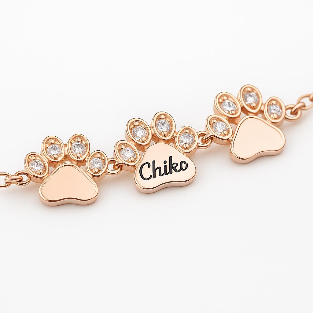 Personalized 14K Gold Diamond Paw Print Bracelet: Custom Pet Name