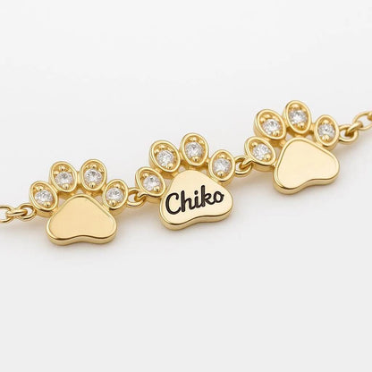 Personalized 14K Gold Diamond Paw Print Bracelet: Custom Pet Name