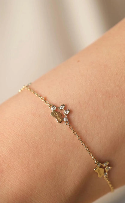 Personalized 14K Gold Diamond Paw Print Bracelet: Custom Pet Name