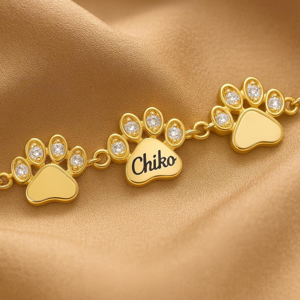 Personalized 14K Gold Diamond Paw Print Bracelet: Custom Pet Name