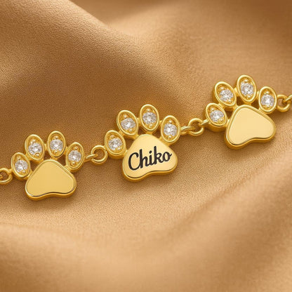 Personalized 14K Gold Diamond Paw Print Bracelet: Custom Pet Name